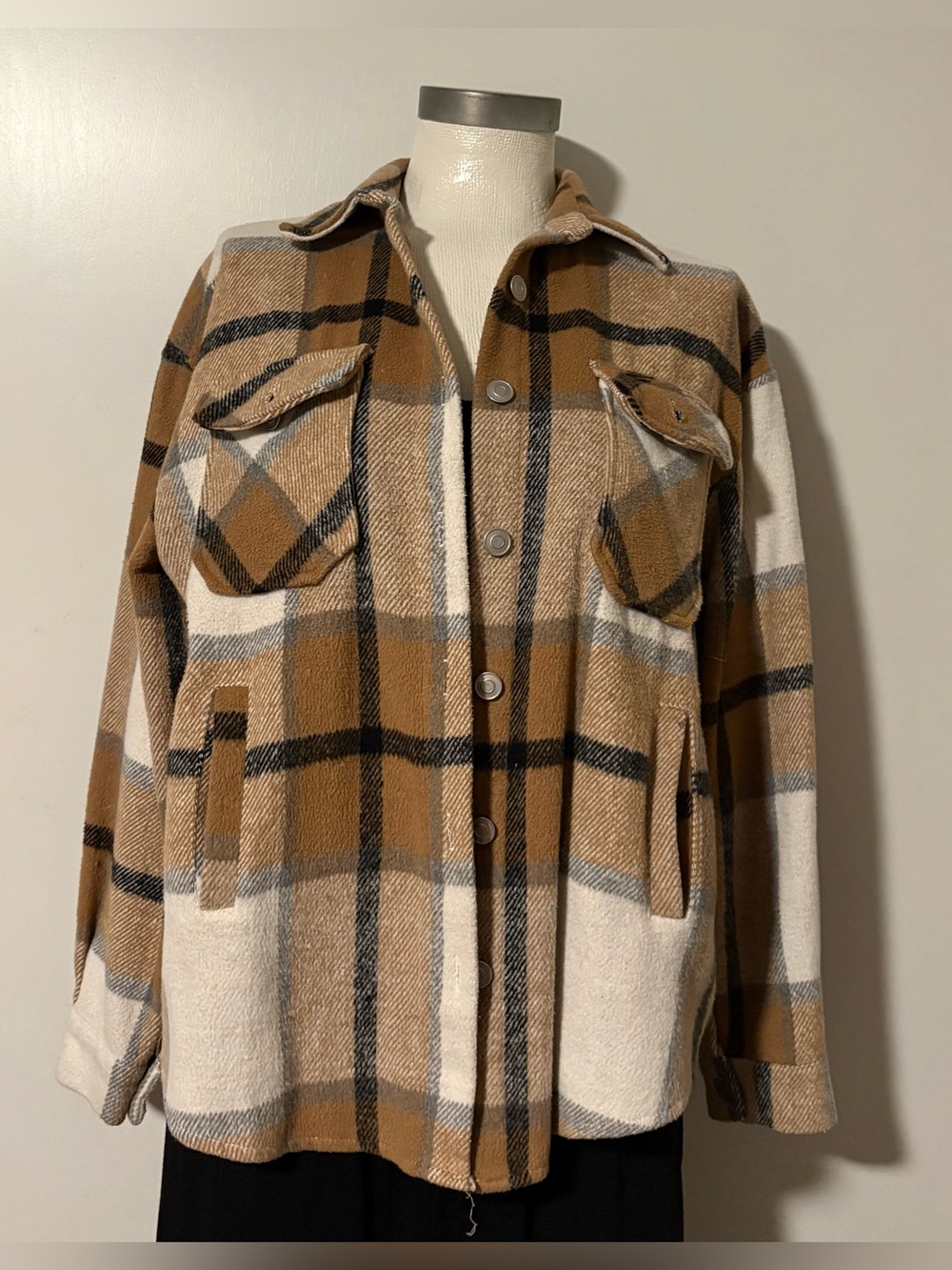 Cozy Plaid Utility Jacket in Brown and Cream